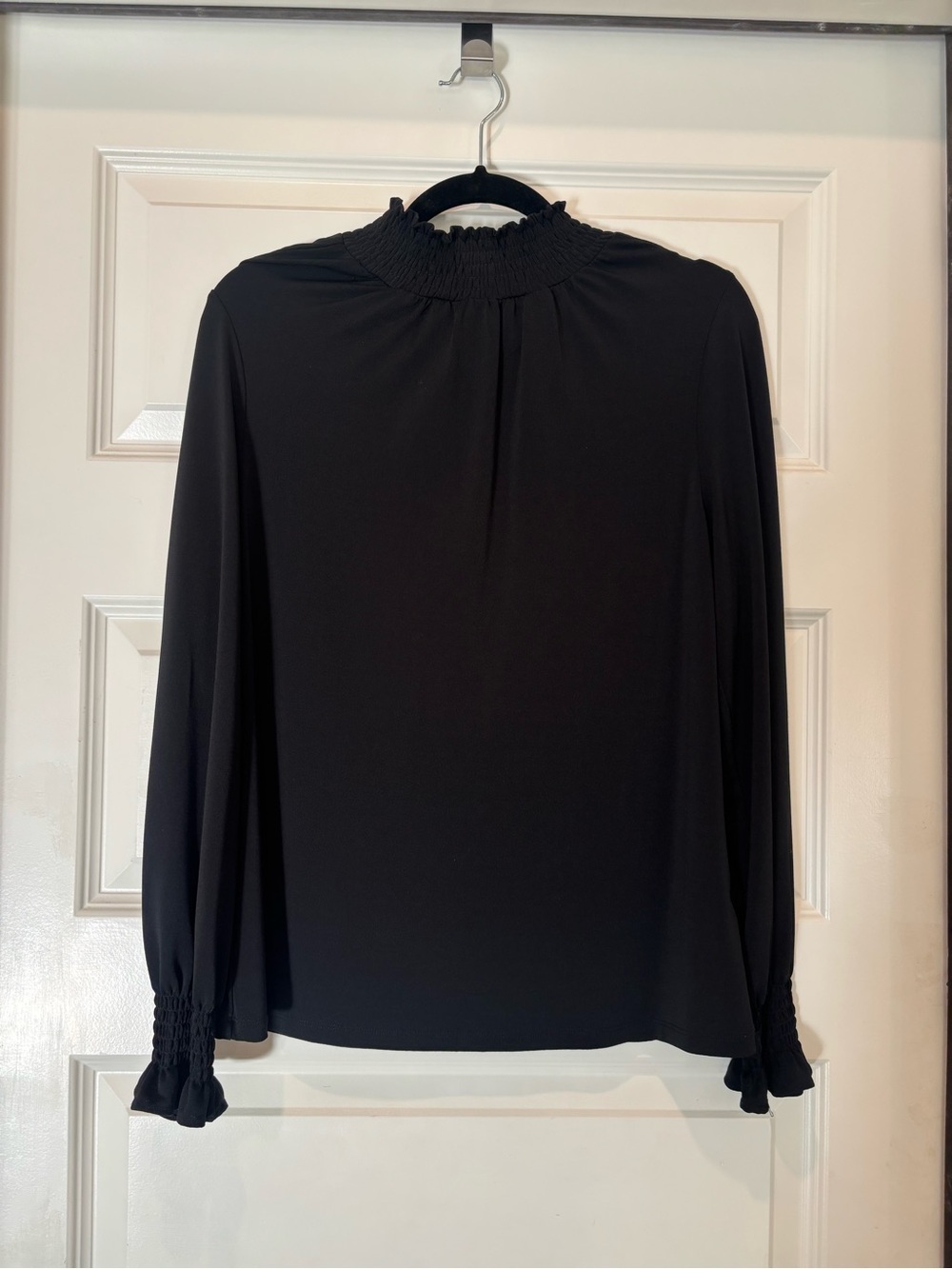 Adrianna Papell Black Smocked High-Neck Long Sleeve Blouse